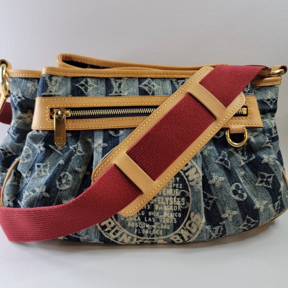 Louis Vuitton Raye Cabas Blue and Tan Denim RARE Crossbody Bag with Monogram